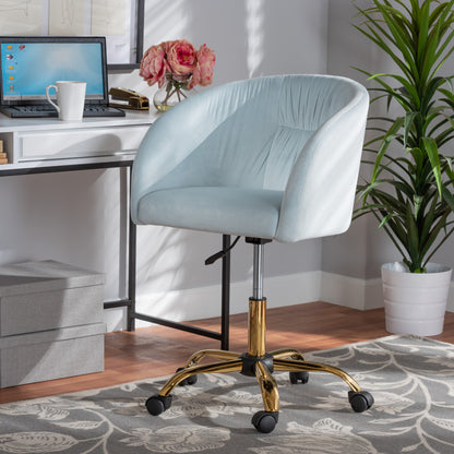 Ravenna Office Chair Contemporary Glam and Luxe Aqua Velvet Fabric and Gold Metal Swivel