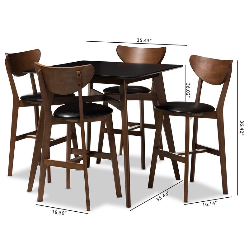 Eline Pub Set Mid-Century Modern 5-Piece Dining Set with Black Faux Leather Upholstery and Walnut Finish