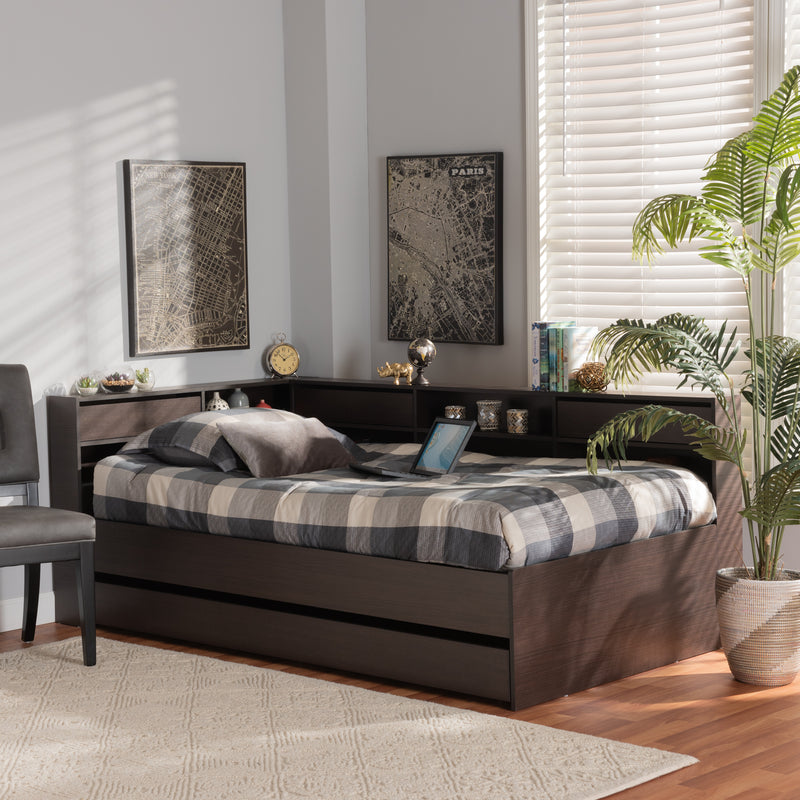 Faraday Twin Size Platform Storage Corner Bed in Dark Brown Finished Wood - Modern Design with Ample Storage Solutions