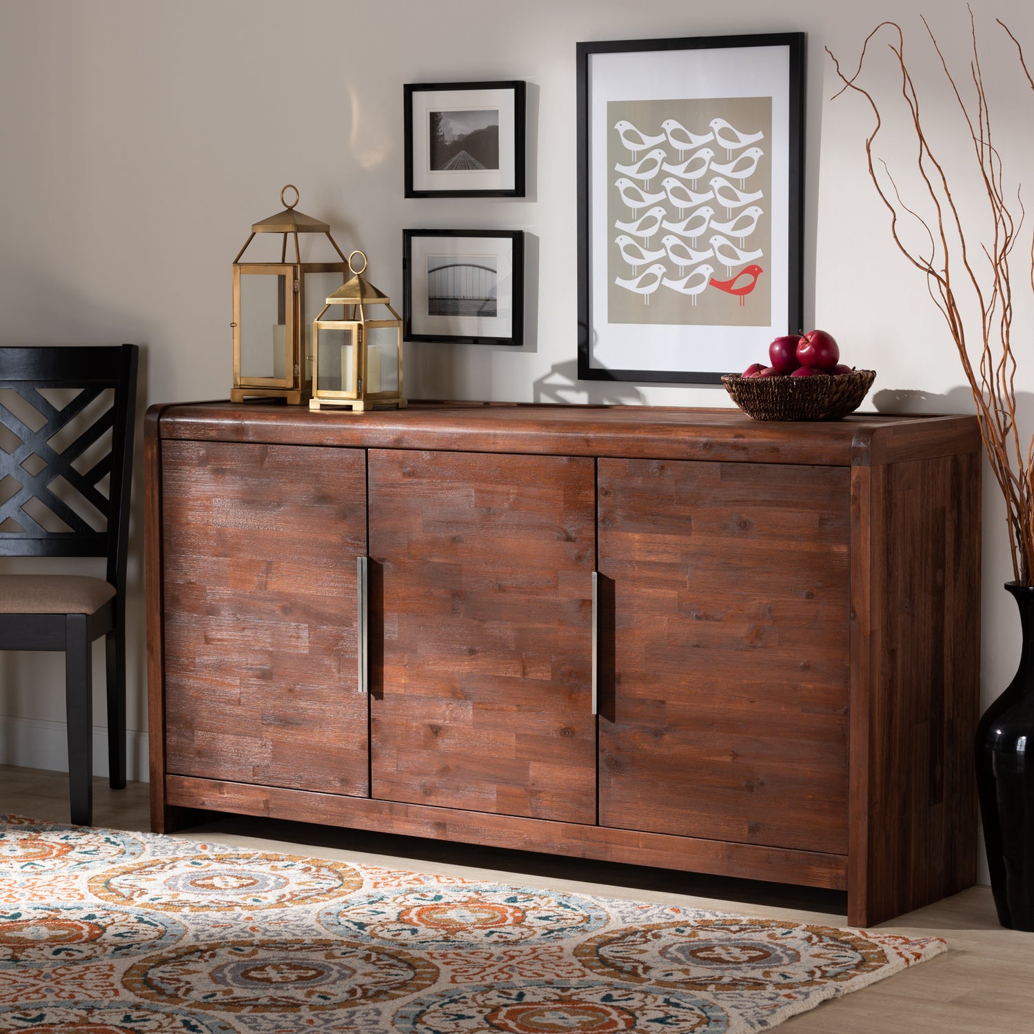 Torres Sideboard Buffet Modern 3-Door Wood Storage Unit in Brown Oak Finish