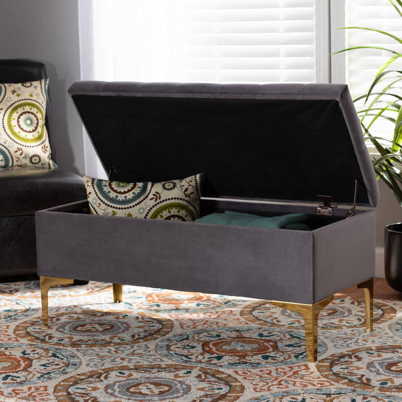 Valere Ottoman Glam and Luxe Grey Velvet Fabric Upholstered Gold Finished Button Tufted Storage