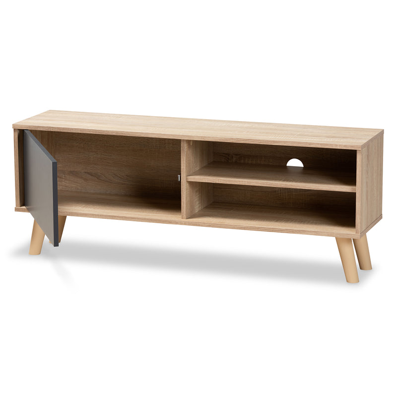 Mallory TV Stand Modern and Contemporary Two-Tone Oak Brown and Grey Finished Wood