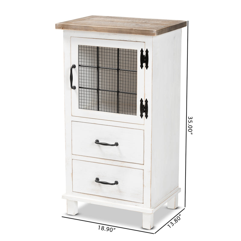 Faron Storage Cabinet Classic Farmhouse Style Two-Tone Distressed White and Oak Brown Finish with 2 Drawers for Organized Storage