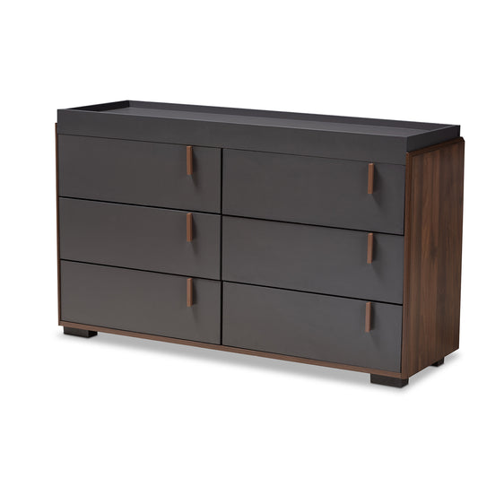 Rikke Dresser: Modern Two-Tone Gray and Walnut Finished Wood 6-Drawer Storage Solution for Bedroom Organization