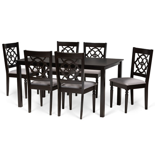 Renaud Dining Set Modern and Contemporary Grey Fabric Upholstered Dark Brown Finished Wood 7-Piece