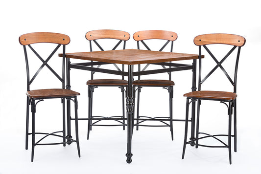 Broxburn Pub Set Light Brown Wood & Metal 5-Piece Dining Furniture for Home or Bar