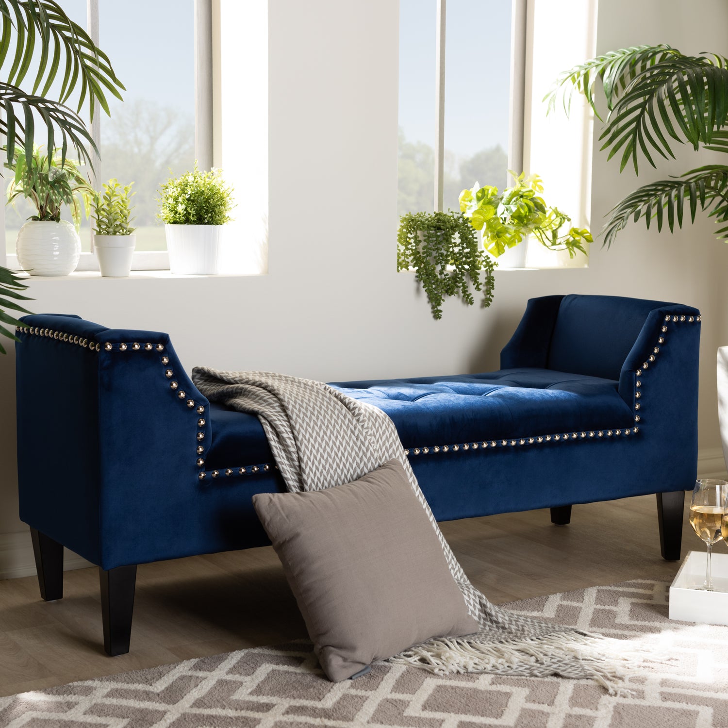 Perret Bench Modern and Contemporary Royal Blue Velvet Fabric Upholstered Espresso Finished Wood