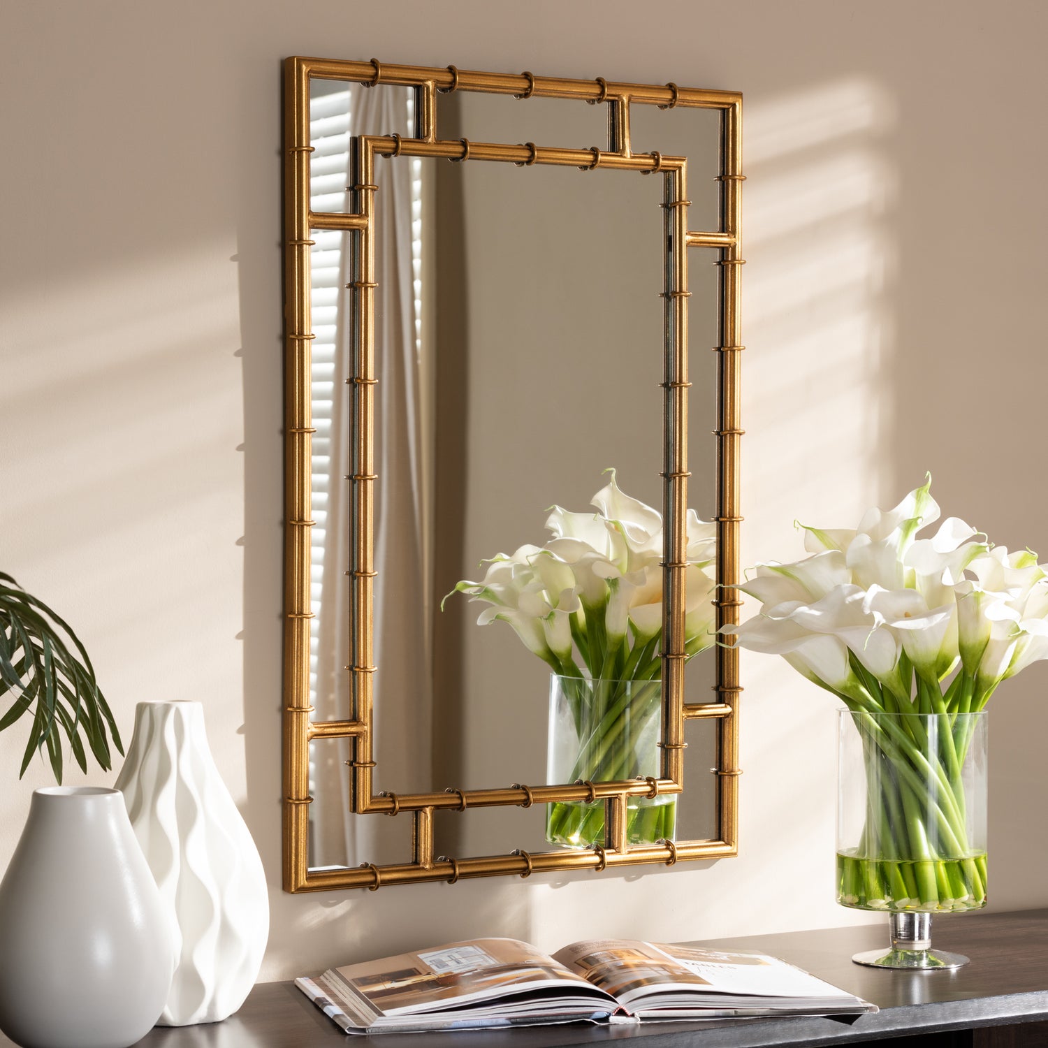 Adra Bamboo Accent Wall Mirror in Modern Gold Finish for Chic Home Decor