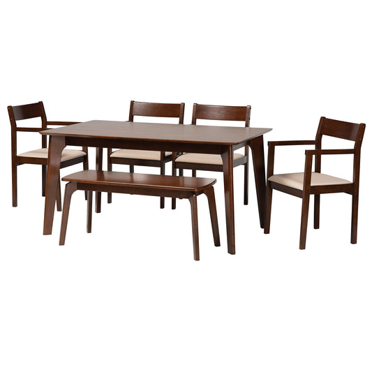 Helene Dining Set Mid-Century Modern 6-Piece Cream Fabric and Dark Brown Wood Collection for Stylish Dining Rooms