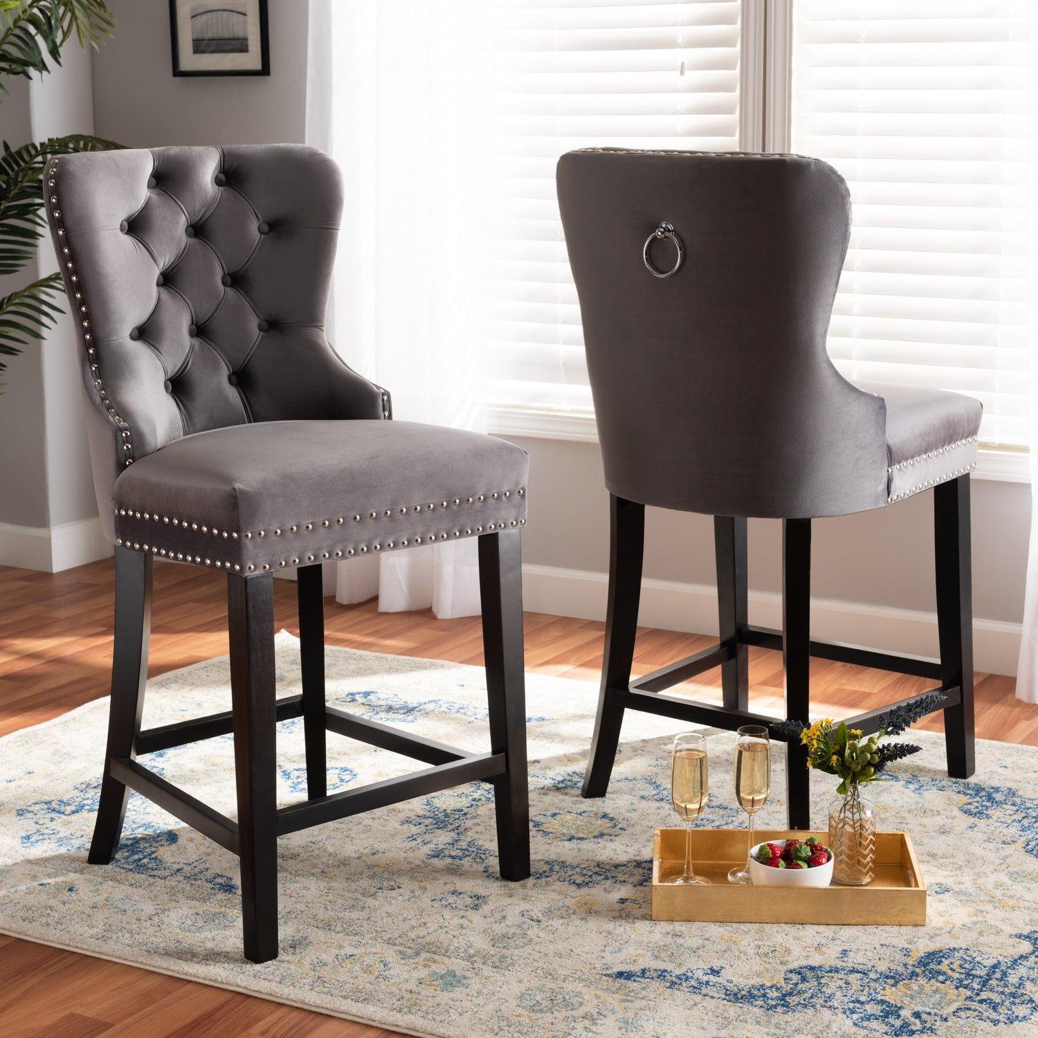 Howell Counter Stool Set Modern Transitional Grey Velvet Upholstered and Dark Brown Finished Wood 2-Piece