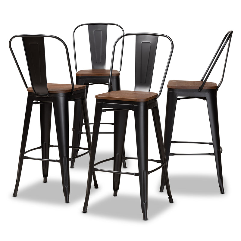 Rosetta Bar Stool Set Modern Industrial Black Metal and Walnut Brown Finished Wood 4-Piece