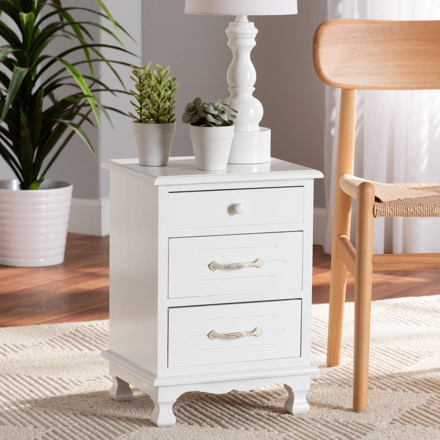 Layton Classic Wood End Table with White Finish and 3 Drawers for Living Room or Bedroom Storage