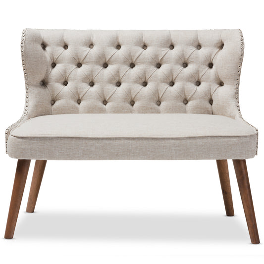 Scarlett Loveseat Mid-Century Modern Brown Wood and Light Beige Fabric Upholstered Button-Tufting with Nail Heads Trim 2-Seater Settee