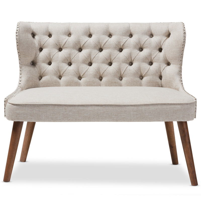 Scarlett Loveseat Mid-Century Modern Brown Wood and Light Beige Fabric Upholstered Button-Tufting with Nail Heads Trim 2-Seater Settee