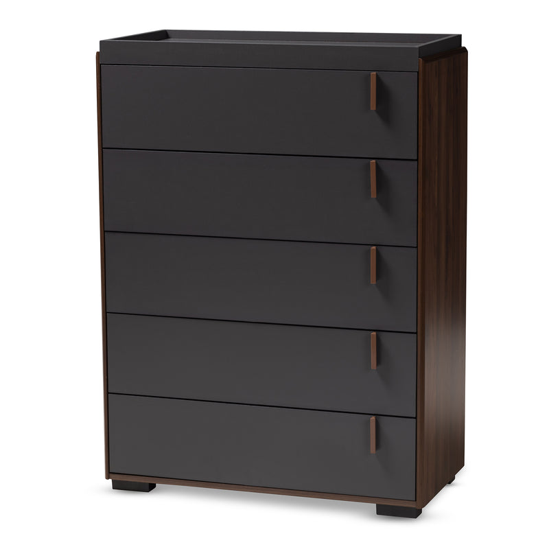 Rikke Chest - Modern 5-Drawer Storage Unit in Two-Tone Gray and Walnut Finished Wood