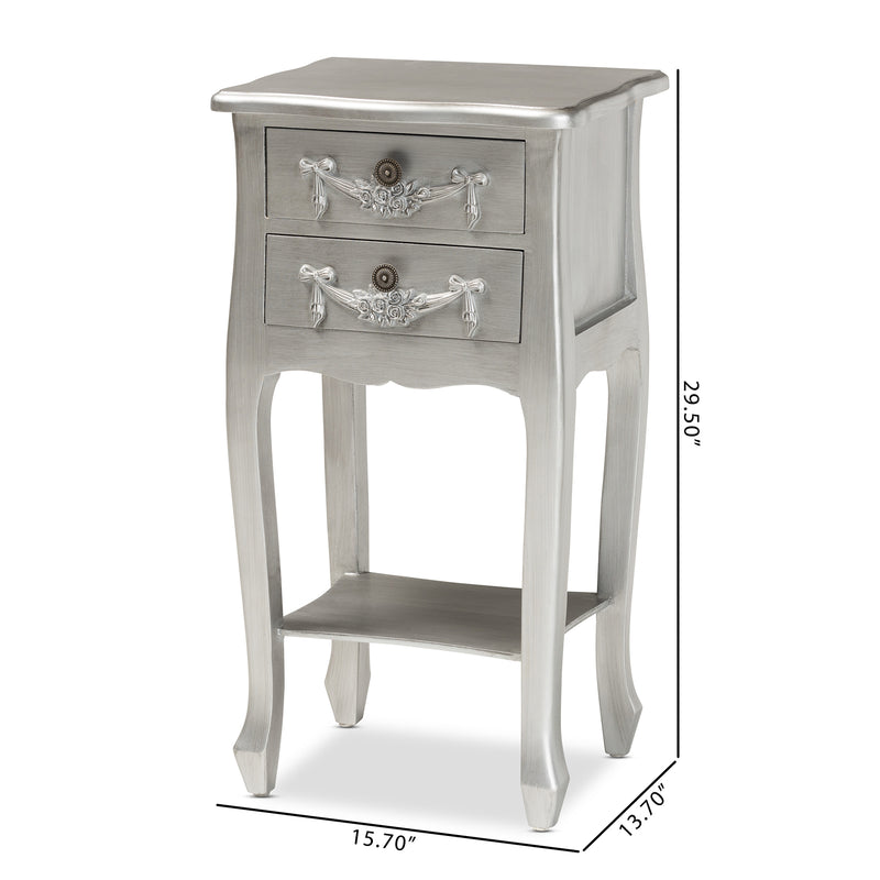 Eliya End Table Classic and Traditional Brushed Silver Finished Wood 2-Drawer