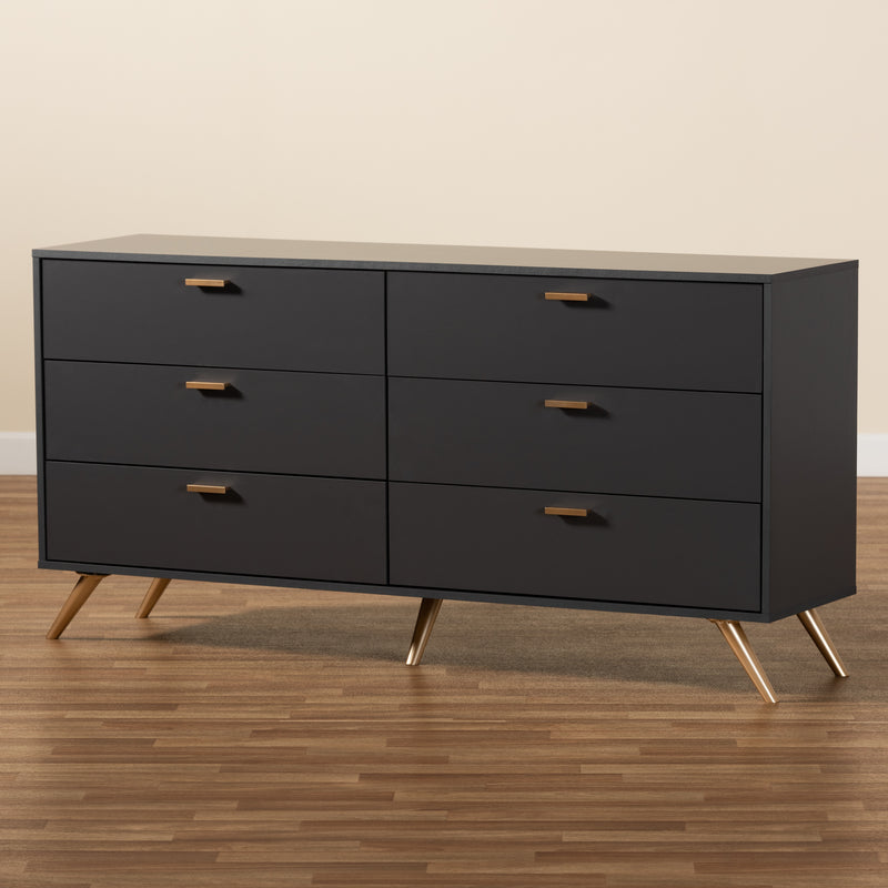 Kelson Modern 6-Drawer Dresser in Dark Grey and Gold Finished Wood, Stylish Storage for Bedroom or Living Room