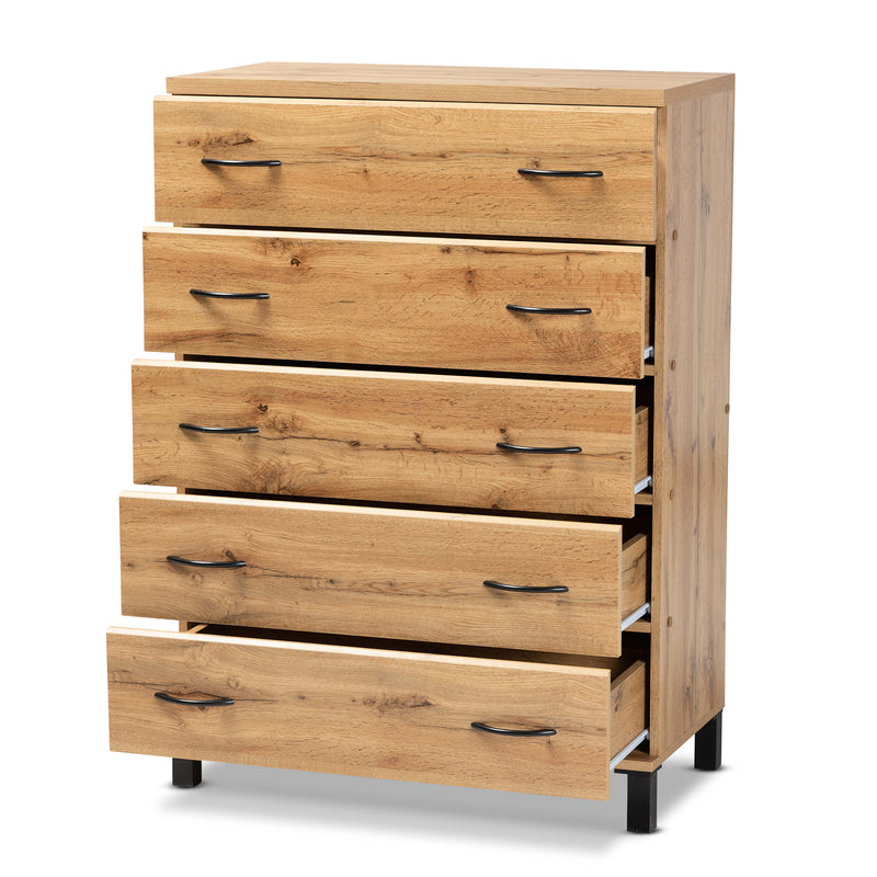 Maison 5-Drawer Storage Chest in Modern Oak Brown Finished Wood for Stylish Organization and Space-Saving Solutions