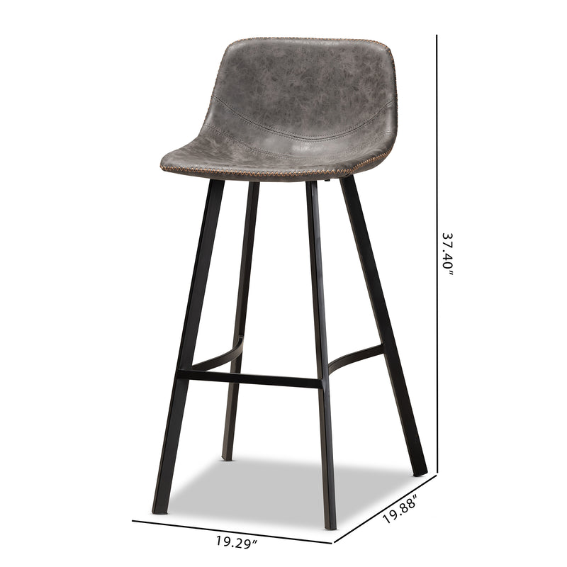 Tani Bar Stool Set - Rustic Industrial Grey and Brown Faux Leather Upholstered 2-Piece Metal Bar Stools with Black Finish