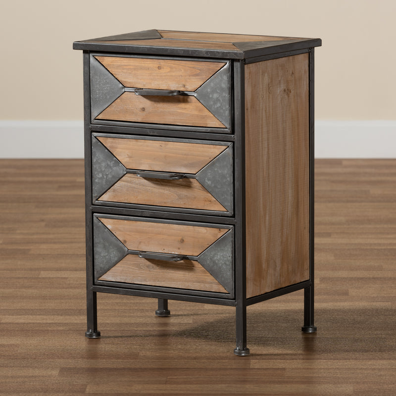 Laurel Rustic Industrial End Table with 3 Drawers in Antique Grey Metal and Whitewashed Oak Finish