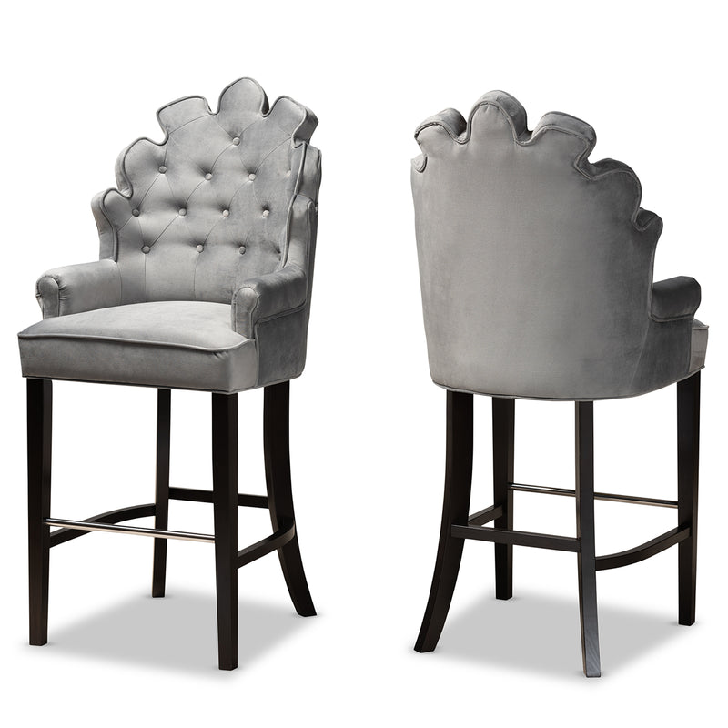 Chloe Bar Stool Set Modern and Contemporary Dark Grey Velvet Upholstered and Dark Brown Finished Wood 2-Piece