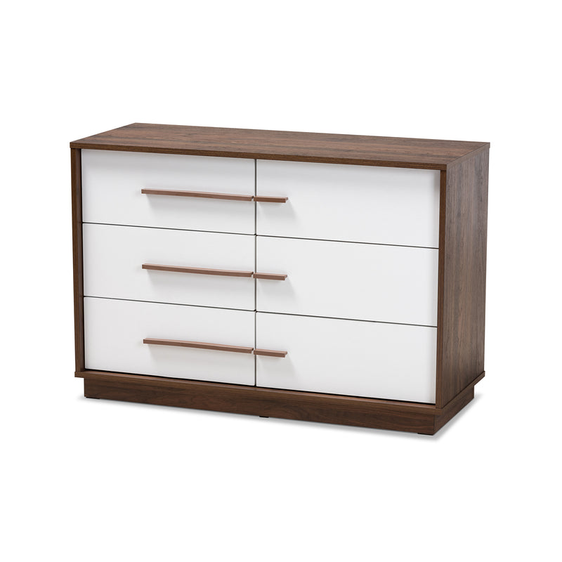 Mette Mid-Century Modern Dresser Two-Tone White and Walnut Finished 6-Drawer Wood Storage for Bedroom or Living Room