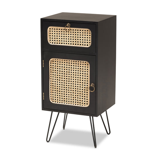 Davion End Table - Mid-Century Modern Espresso Wood and Black Metal Design with 1 Drawer and Rattan Accent