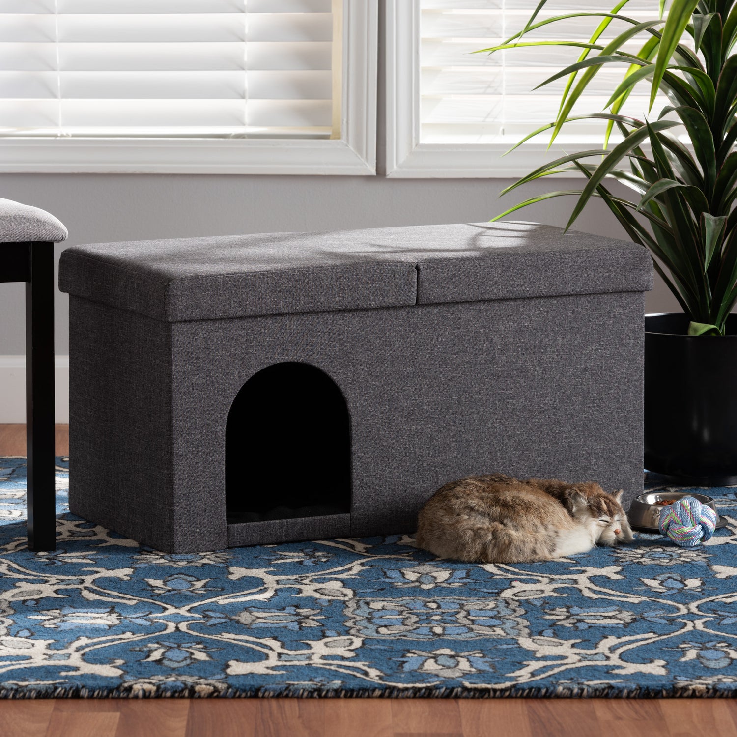 Faber Cat Litter Box Cover Modern Dark Grey Fabric Upholstered with Wood Design for Stylish Pet Housing