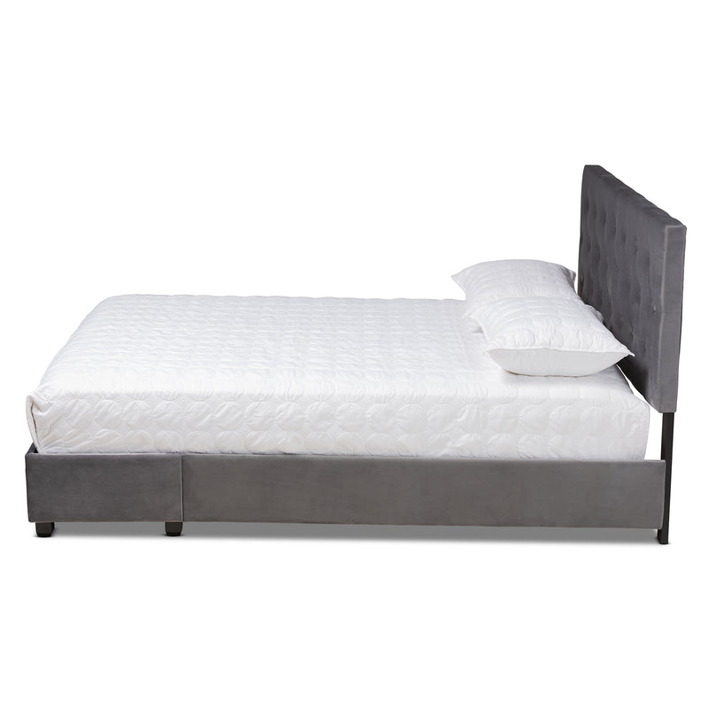 Caronia Platform Storage Bed - Modern and Contemporary Grey Velvet Fabric Upholstered with 2 Drawers