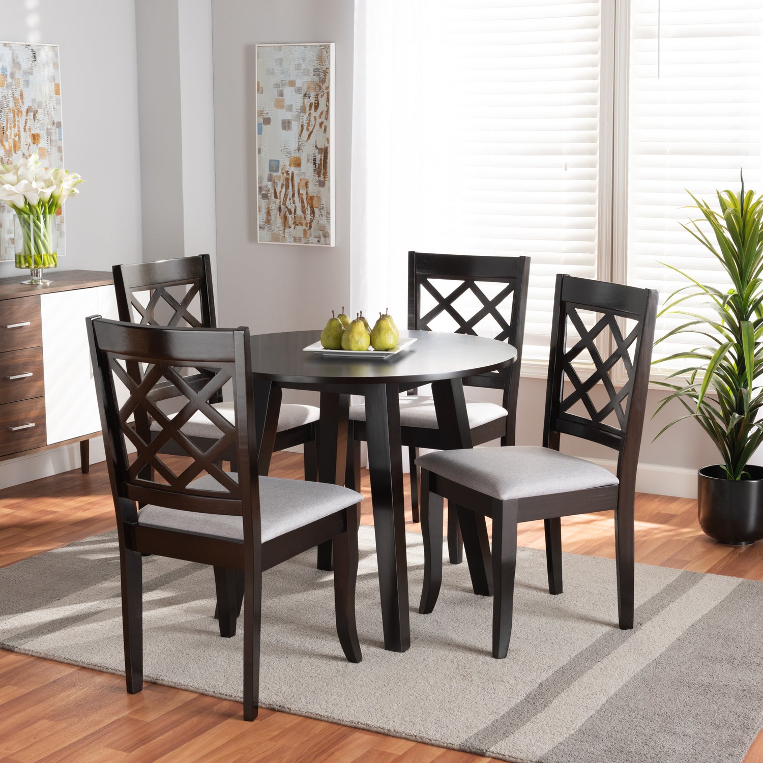 Daisy 5-Piece Dining Set: Modern Grey Fabric Chairs with Dark Brown Finished Wood Table