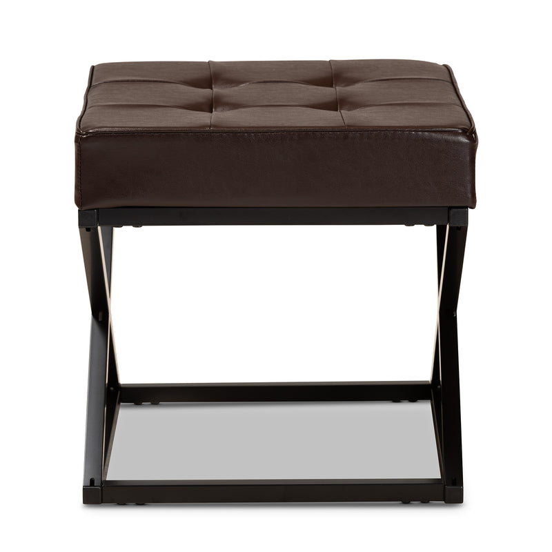 Magnus Ottoman Stool Modern Dark Brown Faux Leather Upholstered with Black Metal Base Stylish Accent Furniture for Living Room or Bedroom