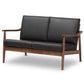 Venza Loveseat Mid-Century Modern Walnut Wood Black Faux Leather 2-Seater