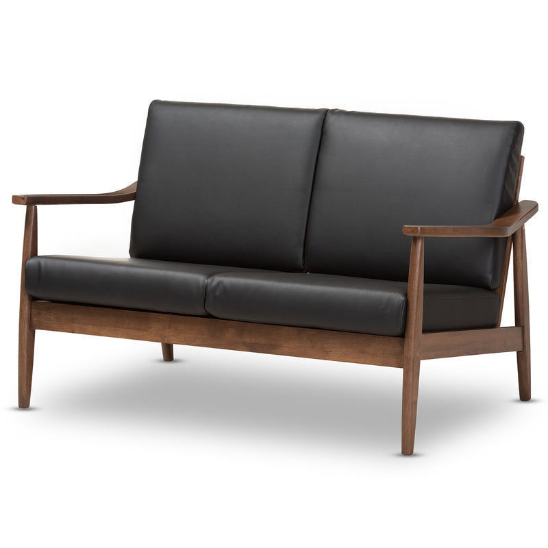 Venza Loveseat Mid-Century Modern Walnut Wood Black Faux Leather 2-Seater