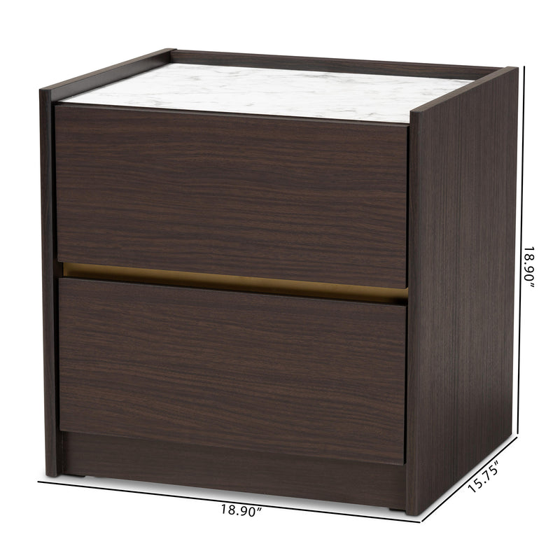 Walker Modern Contemporary Nightstand Dark Brown Gold Finished Wood Faux Marble Top Stylish Bedroom Storage