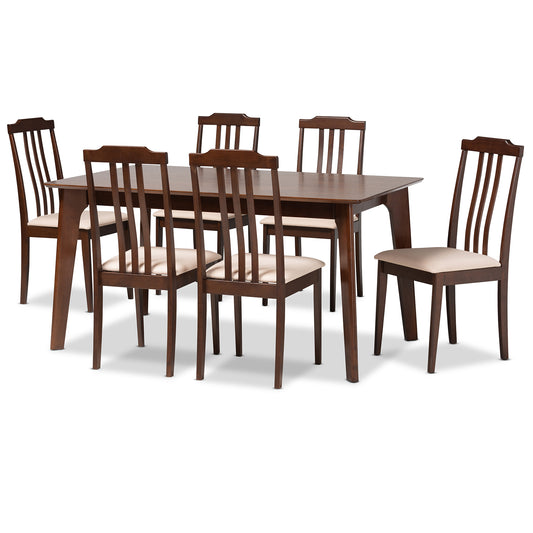 Clarissa Dining Set Mid-Century Modern 7-Piece Cream Fabric and Dark Brown Wood Furniture for Elegant Dining Rooms