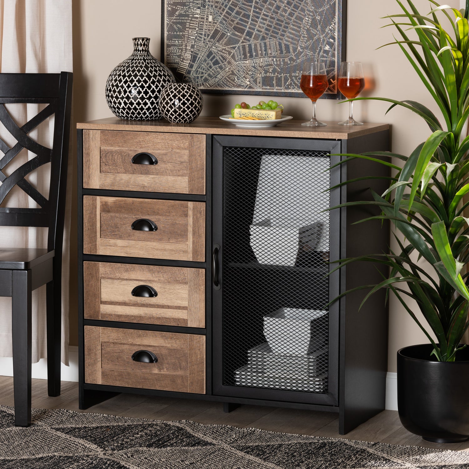 Connell Sideboard Buffet - Modern Industrial Design with Two-Tone Natural Brown and Black Wood and Metal Accents