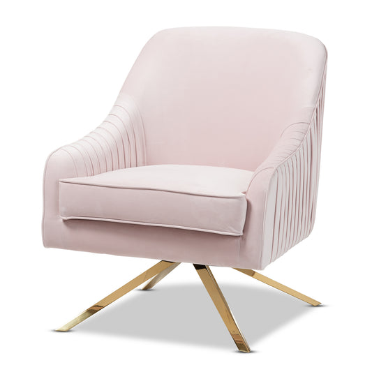 Amaya Luxe Lounge Chair Glamour Light Pink Velvet Upholstered with Gold Base Elegant Accent Chair for Living Room or Bedroom Decor