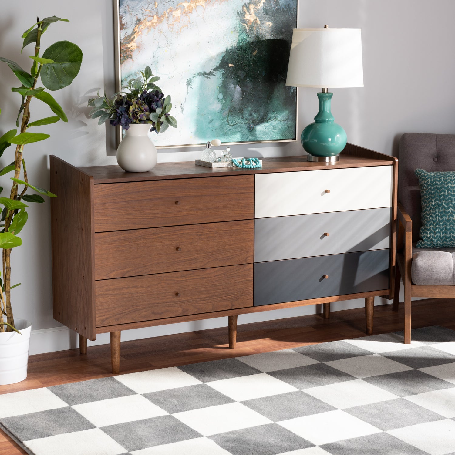 Halden Mid-Century Modern 6-Drawer Dresser in Multicolor Walnut Brown and Grey, Stylish Storage for Bedroom or Living Room