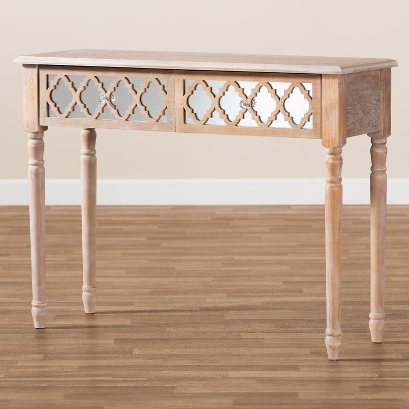 Celia Console Table - Rustic French Country Design with White-Washed Wood and Mirror, 2 Drawers and Quatrefoil Accents