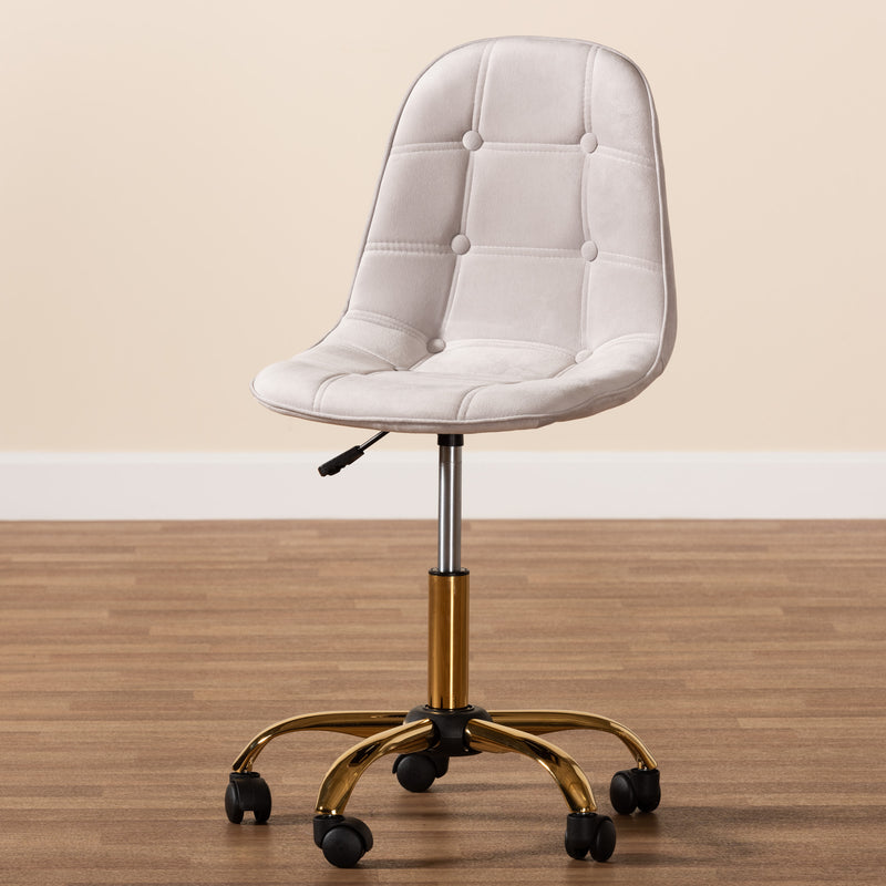 Kabira Office Chair Contemporary Glam and Luxe Grey Velvet Fabric with Gold Metal Swivel