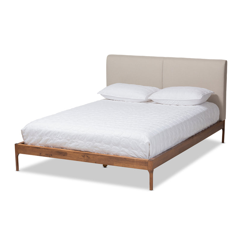 Aveneil Platform Bed - Mid-Century Modern Beige Fabric Upholstered with Walnut Finish