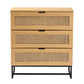 Sawyer 3-Drawer Storage Cabinet in Oak Brown Wood and Black Metal with Natural Rattan Accents - Mid-Century Modern Industrial Design