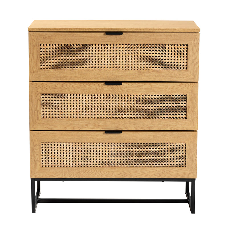 Sawyer 3-Drawer Storage Cabinet in Oak Brown Wood and Black Metal with Natural Rattan Accents - Mid-Century Modern Industrial Design