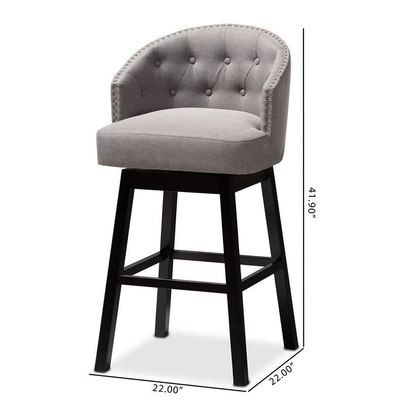 Theron Bar Stool Set of 2 Gray Fabric Upholstered Wood Transitional