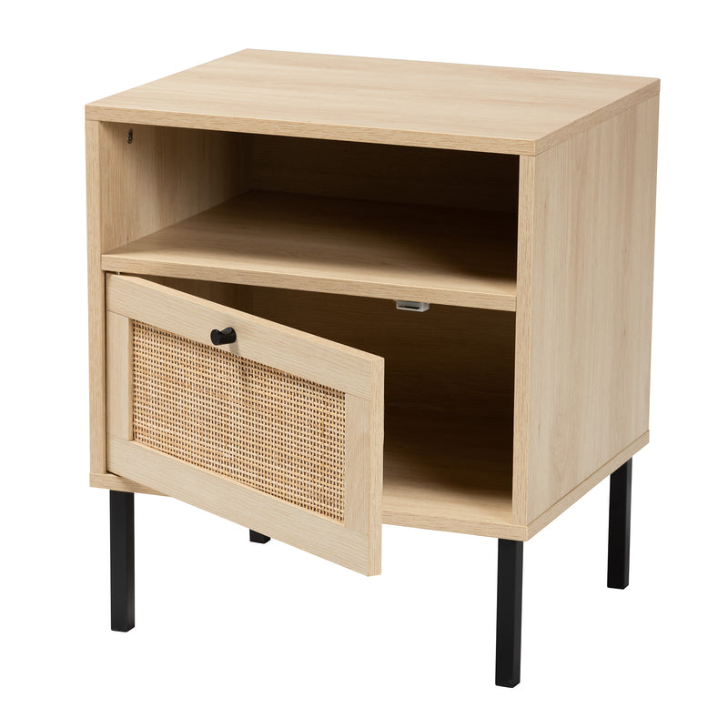 Caterina End Table - Mid-Century Modern Design with Natural Brown Wood and Rattan, 1-Door Storage for Living Room or Bedroom