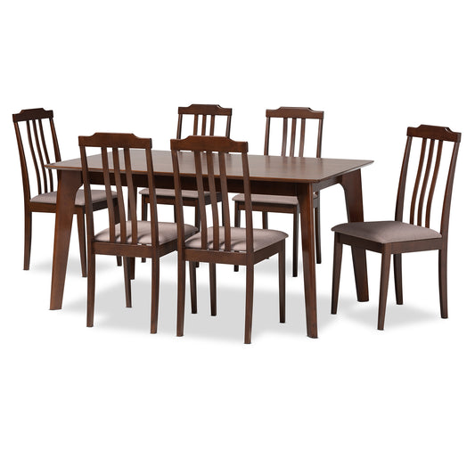 Clarissa Dining Set Mid-Century Modern 7-Piece Collection in Warm Grey Fabric and Dark Brown Wood Finish