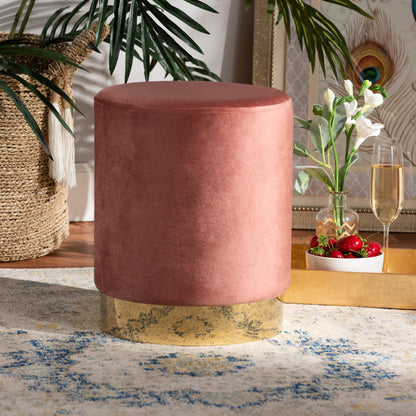 Chaela Ottoman Contemporary Glam Luxe Blush Pink Velvet Fabric Upholstered Gold Finished Metal