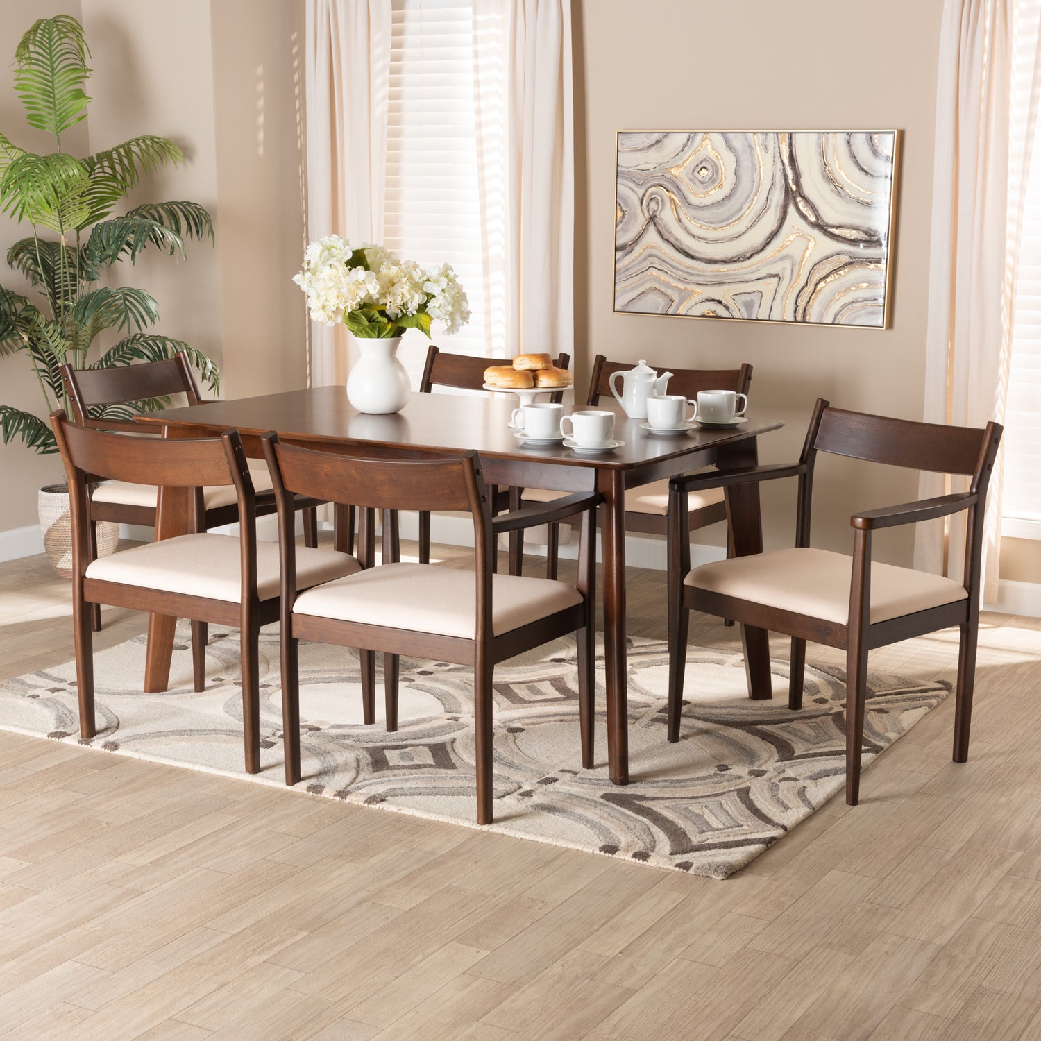 Coretta Dining Set - Mid-Century Modern 7-Piece Cream Fabric and Dark Brown Wood Furniture for Elegant Dining Rooms