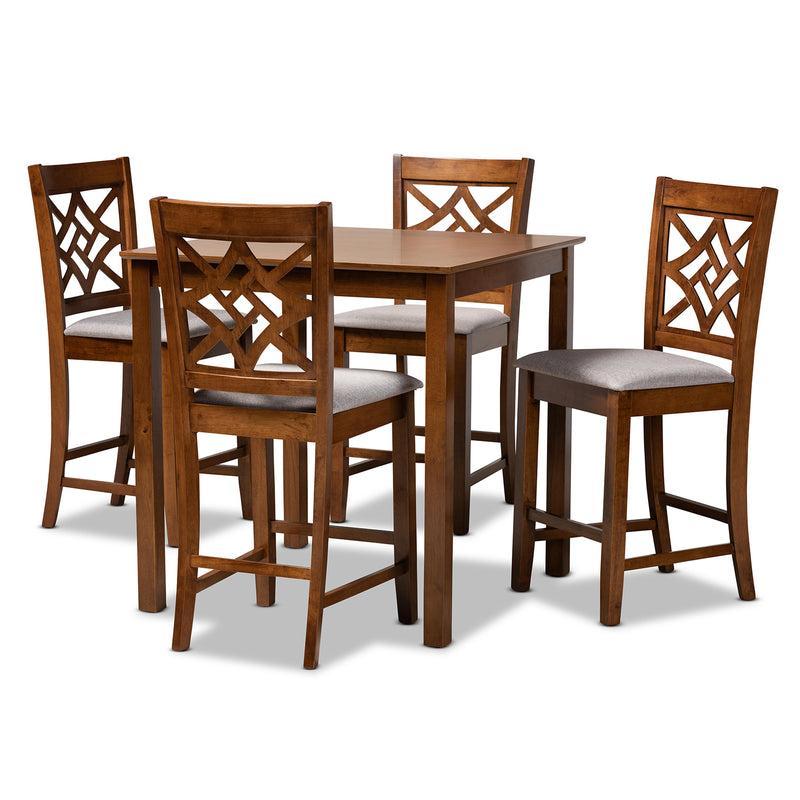 Nicolette Pub Set Modern and Contemporary Grey Fabric Upholstered Walnut Brown Finished Wood 5-Piece