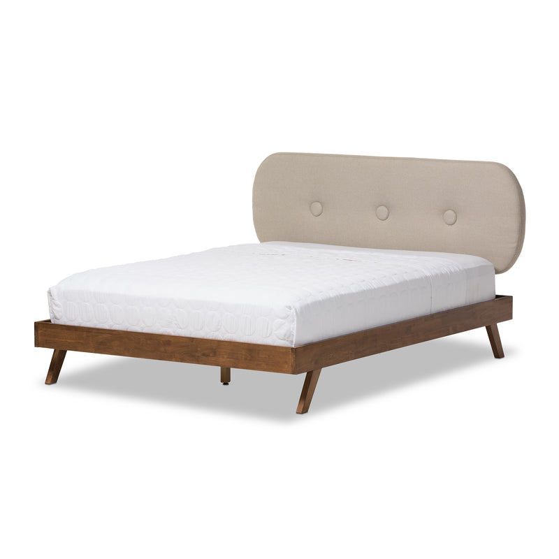 Penelope Queen Size Platform Bed - Mid-Century Modern Solid Walnut Frame with Light Beige Fabric Upholstery